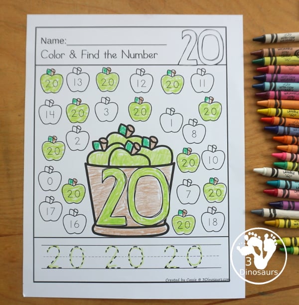 Apple Number Find & Color Printable with numbers 0 to 20. With coloring and finding the numbers on the apples. Easy no-prep apple worksheet for prek and kindergarten. - 3Dinosaurs.com