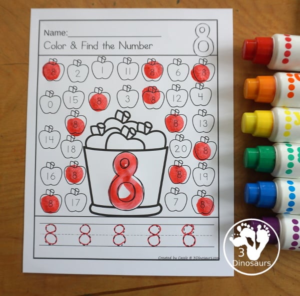 Apple Number Find & Color Printable with numbers 0 to 20. With coloring and finding the numbers on the apples. Easy no-prep apple worksheet for prek and kindergarten. - 3Dinosaurs.com