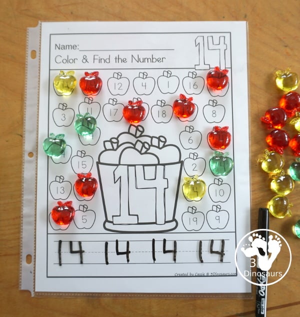 Apple Number Find & Color Printable with numbers 0 to 20. With coloring and finding the numbers on the apples. Easy no-prep apple worksheet for prek and kindergarten. - 3Dinosaurs.com