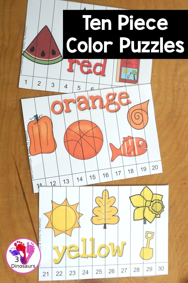 Free Color Ten Piece Puzzle Printables. You have the color word and then different pictures that match the colors. You have 1 to 10 and then different numbers for the puzzles for 1 to 110 numbers. 3Dinosaurs.com