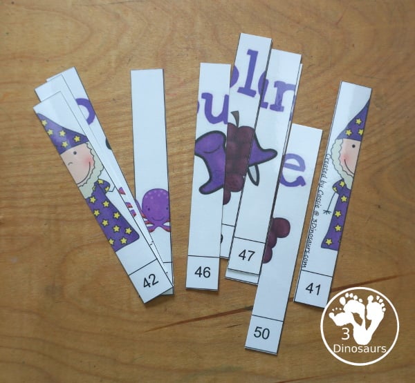 Free Color Ten Piece Puzzle Printables. You have the color word and then different pictures that match the colors. You have 1 to 10 and then different numbers for the puzzles for 1 to 110 numbers. 3Dinosaurs.com