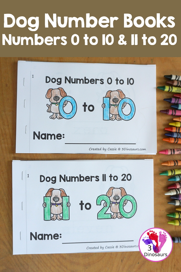Free Dog Number Book Printables - a fun book with a dog holding a number, numerical number to trace, and a number word to trace that matches the number the dog is holding. 3Dinosaurs.com