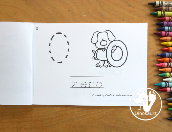 Free Dog Number Book Printables - a fun book with a dog holding a number, numerical number to trace, and a number word to trace that matches the number the dog is holding. 3Dinosaurs.com
