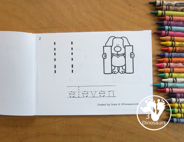Free Dog Number Book Printables - a fun book with a dog holding a number, numerical number to trace, and a number word to trace that matches the number the dog is holding. 3Dinosaurs.com
