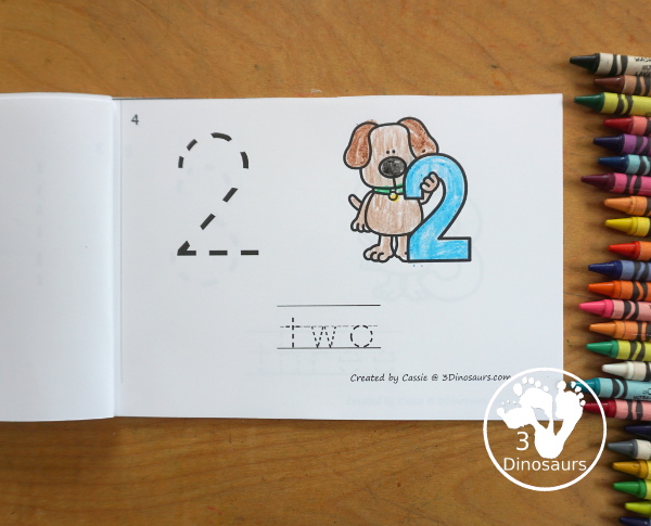 Free Dog Number Book Printables - a fun book with a dog holding a number, numerical number to trace, and a number word to trace that matches the number the dog is holding. 3Dinosaurs.com