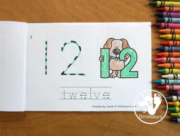 Free Dog Number Book Printables - a fun book with a dog holding a number, numerical number to trace, and a number word to trace that matches the number the dog is holding. 3Dinosaurs.com