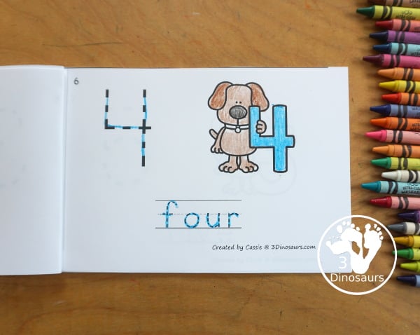 Free Dog Number Book Printables - a fun book with a dog holding a number, numerical number to trace, and a number word to trace that matches the number the dog is holding. 3Dinosaurs.com