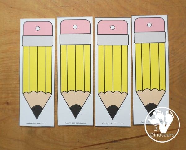 Free Pencil Bookmark Printables for Kids - four color and four black and white bookmarks for kids to use for back to school - 3Dinosaurs.com