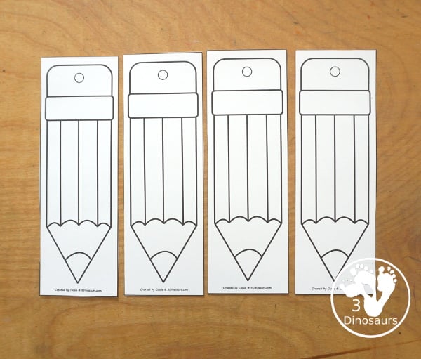 Free Pencil Bookmark Printables for Kids - four color and four black and white bookmarks for kids to use for back to school - 3Dinosaurs.com