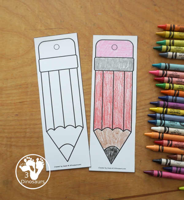 Free Pencil Bookmark Printables for Kids - four color and four black and white bookmarks for kids to use for back to school - 3Dinosaurs.com