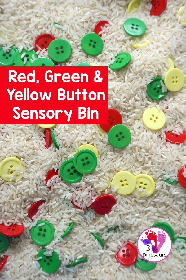 Red, Green & Yellow Button Sensory Bin. A fun button sensory bin that has the same color as apples. A fun fall sensory bin that is easy to set up and fun colors for kids. - 3Dinosaurs.com