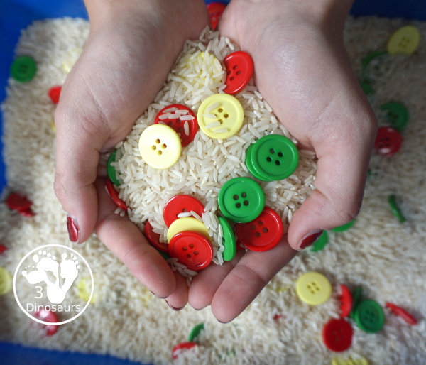 Red, Green & Yellow Button Sensory Bin. A fun button sensory bin that has the same color as apples. A fun fall sensory bin that is easy to set up and fun colors for kids. - 3Dinosaurs.com