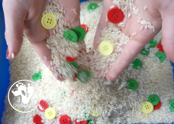 Red, Green & Yellow Button Sensory Bin. A fun button sensory bin that has the same color as apples. A fun fall sensory bin that is easy to set up and fun colors for kids. - 3Dinosaurs.com
