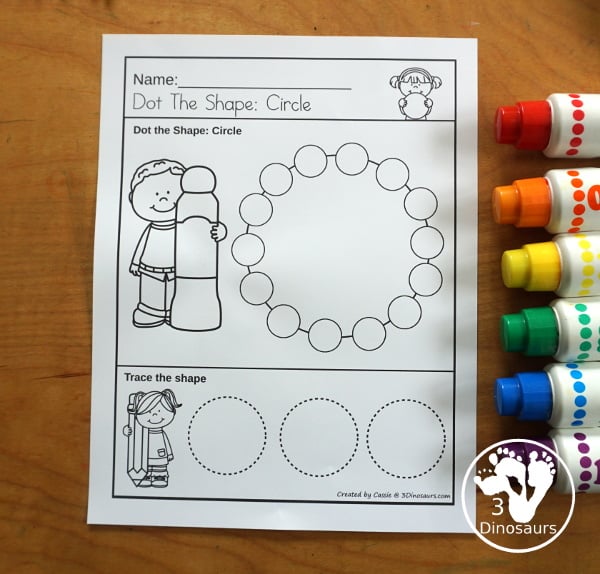 Shape: Dot the Shape & Trace the Shape Printable - a shape worksheet printable with dot marker shape and three shapes below to trace. With pictures for tracing and dotting on the page - 3Dinosaurs.com