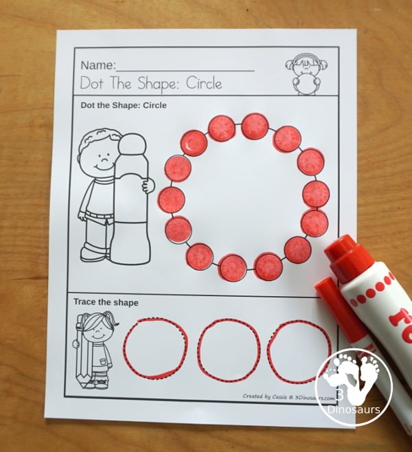 Shape: Dot the Shape & Trace the Shape Printable - a shape worksheet printable with dot marker shape and three shapes below to trace. With pictures for tracing and dotting on the page - 3Dinosaurs.com