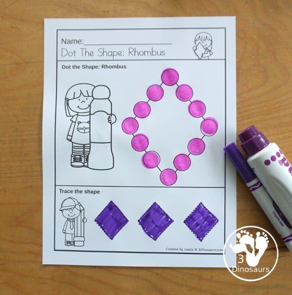 Shape: Dot the Shape & Trace the Shape Printable - a shape worksheet printable with dot marker shape and three shapes below to trace. With pictures for tracing and dotting on the page - 3Dinosaurs.com