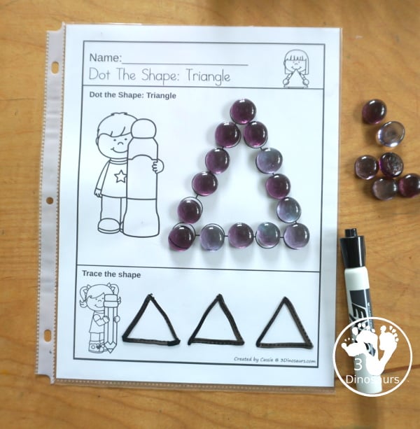 Shape: Dot the Shape & Trace the Shape Printable - a shape worksheet printable with dot marker shape and three shapes below to trace. With pictures for tracing and dotting on the page - 3Dinosaurs.com