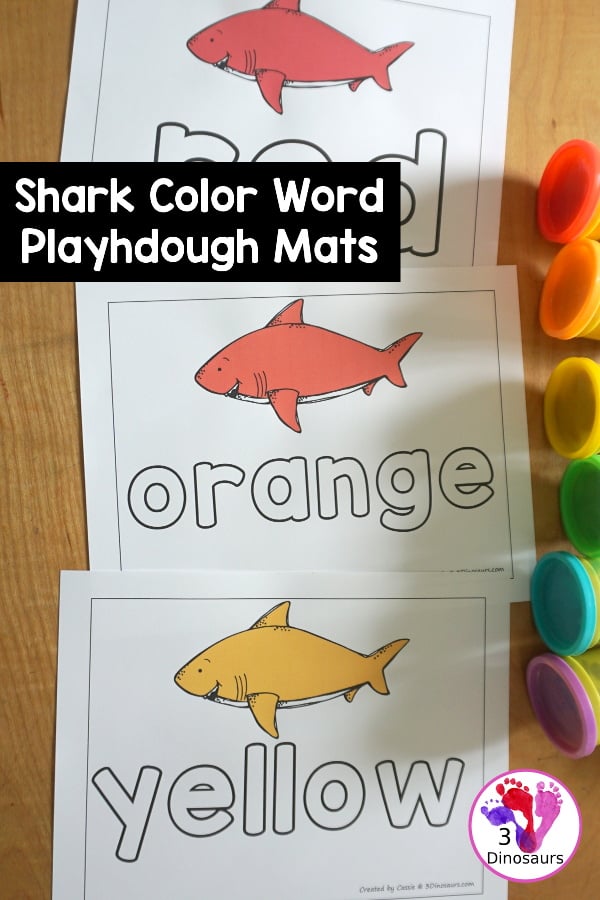 Free Shark Color Word Playdough Mat Printables - a shark in a single color with color word below. A fun shark theme for color word playdough mat for kids.- 3Dinosaurs.com