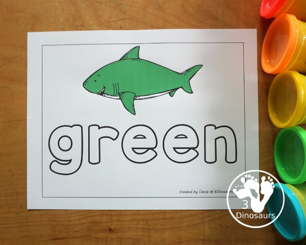 Free Shark Color Word Playdough Mat Printables - a shark in a single color with color word below. A fun shark theme for color word playdough mat for kids. Shark Green Color Mat picture - 3Dinosaurs.com