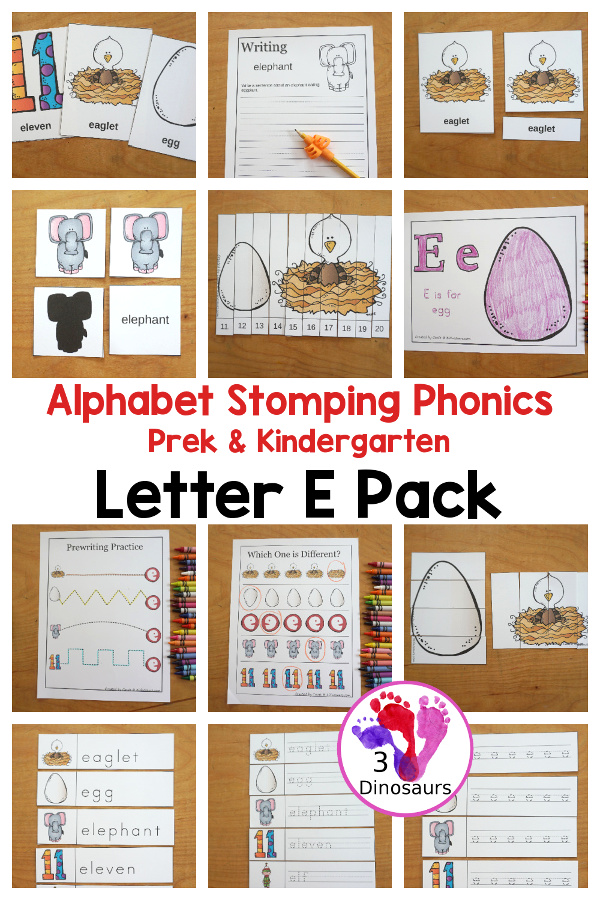Free Alphabet Stomping Phonics E PreK-Kinder Pack - a fun letter pack with cards, puzzles, pictures, matching, color and all working on the Letter E. An easy, fun learning pack for the Letter E. - 3Dinosaurs.com