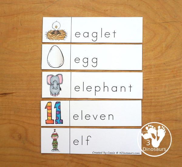 Free Alphabet Stomping Phonics E PreK-Kinder Pack - a fun letter pack with cards, puzzles, pictures, matching, color and all working on the Letter E. An easy, fun learning pack for the Letter E. - 3Dinosaurs.com