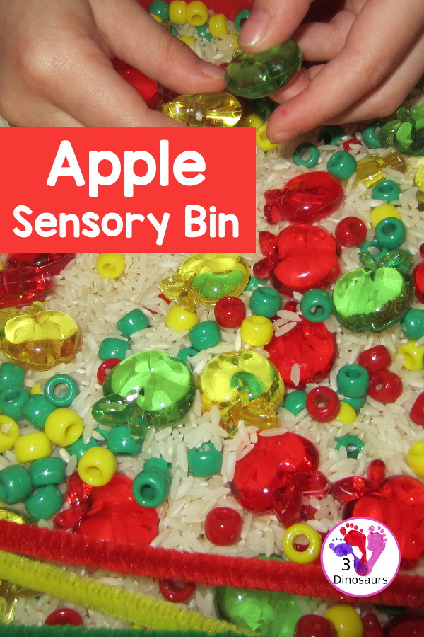Apple Sensory Bin -  with apples, and pony beads with a colors red, green and yellow. A fun three color sensory bin for the colors of apples. 3Dinosaurs.com