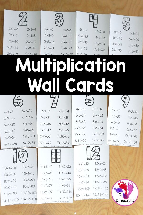 Free Multiplication Wall Cards: Two Types - You have a set of multiplication wall cards filled out and multiplication wall cards that have answer blank - 3Dinosaurs.com