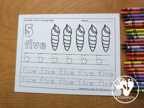 Number Color and Trace Printables - fun number handwriting worksheet with coloring pictures that match the number. You have fall, winter, spring, and summer themes. You have number tracing and number writing for number words and numerical numbers. - 3Dinosaurs.com
