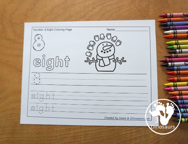 Number Color and Trace Printables - fun number handwriting worksheet with coloring pictures that match the number. You have fall, winter, spring, and summer themes. You have number tracing and number writing for number words and numerical numbers. - 3Dinosaurs.com