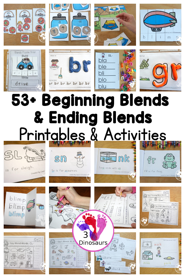 Blends Printables on 3 Dinosaurs