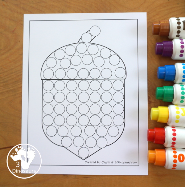 Free Acorn Fine Motor Mat Printables - has three pages of printables with acorn template, acorn tracing, and acorn dot marker page. A fun fine motor mat ideas for the fall. 3Dinosaurs.com