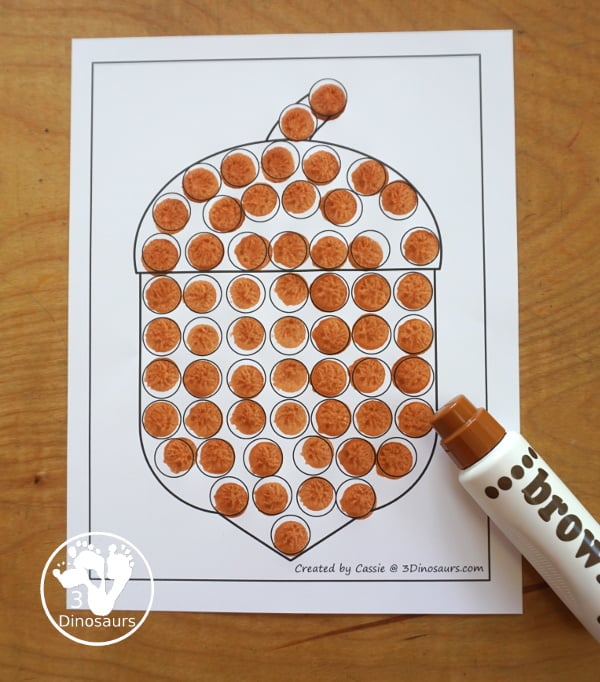 Free Acorn Fine Motor Mat Printables - has three pages of printables with acorn template, acorn tracing, and acorn dot marker page. A fun fine motor mat ideas for the fall. 3Dinosaurs.com