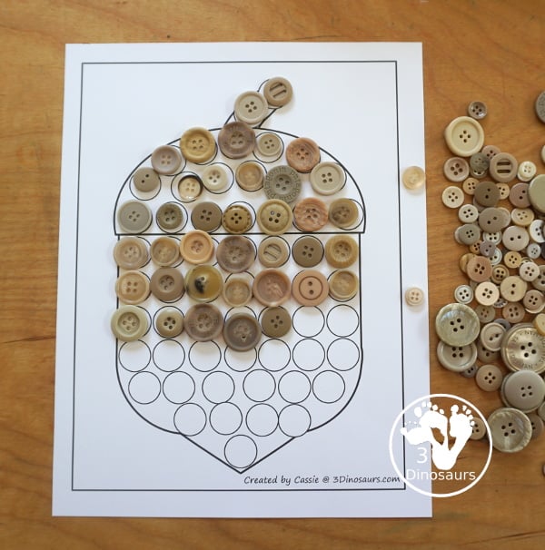 Free Acorn Fine Motor Mat Printables - has three pages of printables with acorn template, acorn tracing, and acorn dot marker page. A fun fine motor mat ideas for the fall. 3Dinosaurs.com