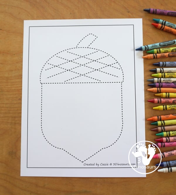 Free Acorn Fine Motor Mat Printables - has three pages of printables with acorn template, acorn tracing, and acorn dot marker page. A fun fine motor mat ideas for the fall. 3Dinosaurs.com