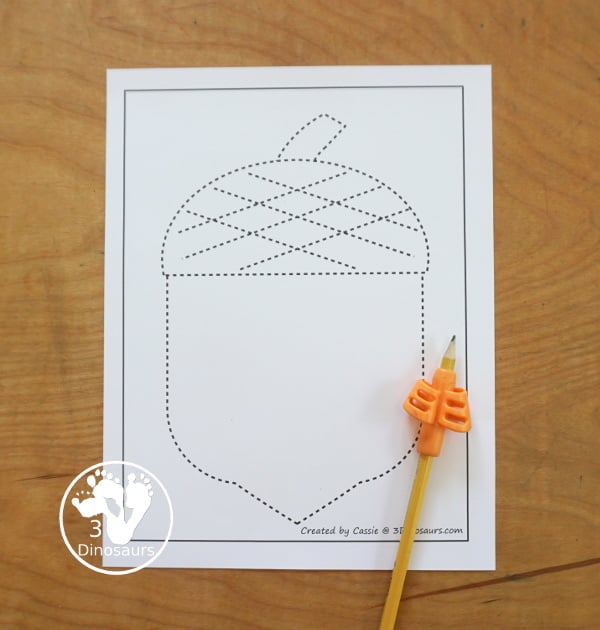 Free Acorn Fine Motor Mat Printables - has three pages of printables with acorn template, acorn tracing, and acorn dot marker page. A fun fine motor mat ideas for the fall. 3Dinosaurs.com