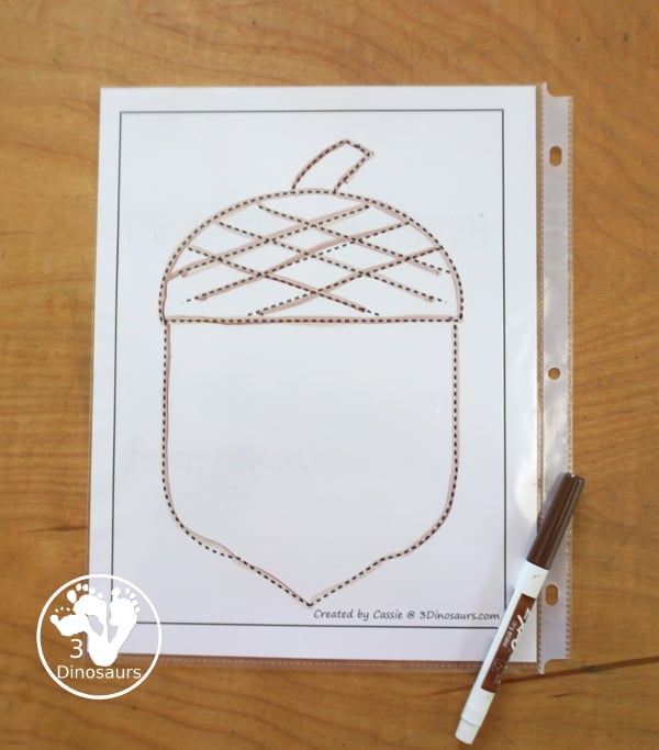 Free Acorn Fine Motor Mat Printables - has three pages of printables with acorn template, acorn tracing, and acorn dot marker page. A fun fine motor mat ideas for the fall. 3Dinosaurs.com