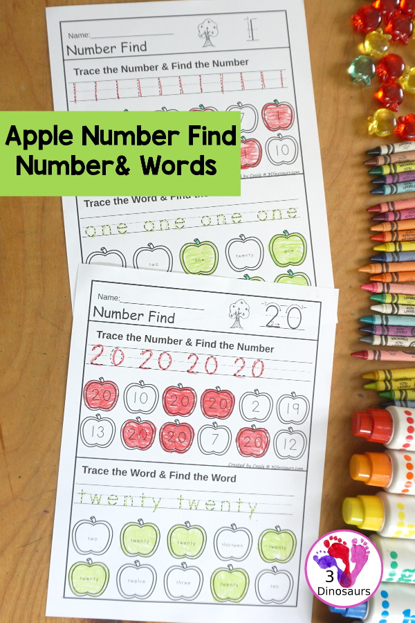 Apple Number Find for Numerical Numbers & Number Words Printable - a fun number find printable that has the number and number word on the same page in a number find worksheet. - 3Dinosaurs.com