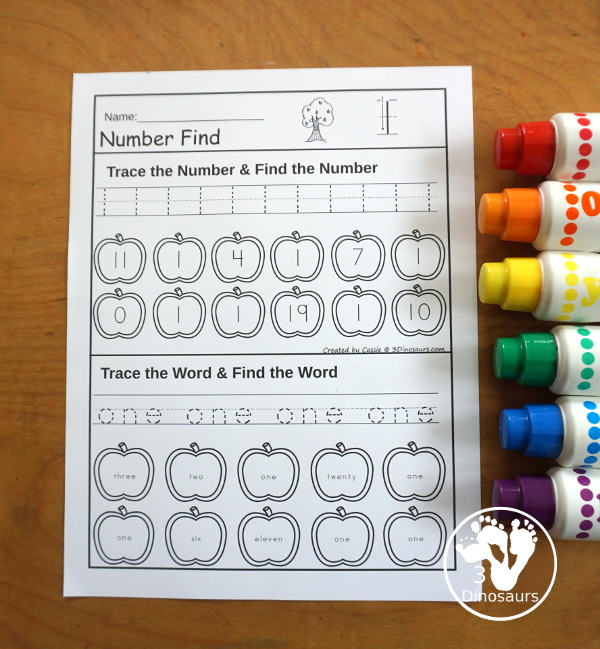 Apple Number Find for Numerical Numbers & Number Words Printable - a fun number find printable that has the number and number word on the same page in a number find worksheet. - 3Dinosaurs.com