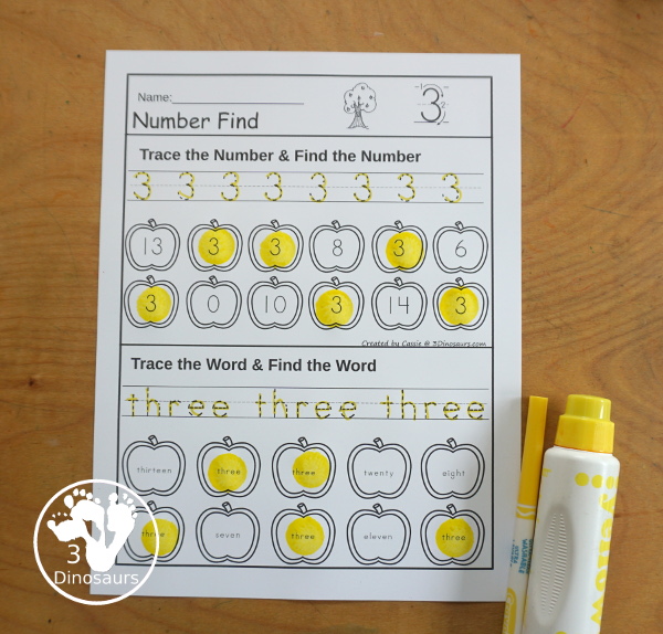 Apple Number Find for Numerical Numbers & Number Words Printable - a fun number find printable that has the number and number word on the same page in a number find worksheet. - 3Dinosaurs.com