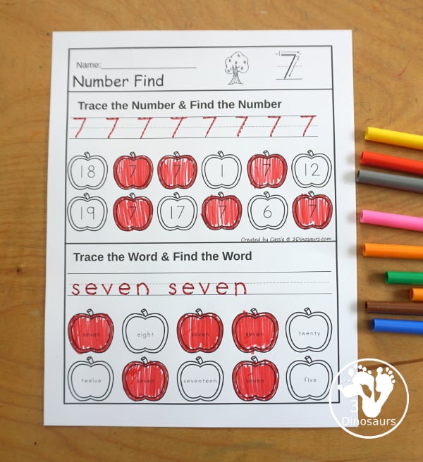 Apple Number Find for Numerical Numbers & Number Words Printable - a fun number find printable that has the number and number word on the same page in a number find worksheet. - 3Dinosaurs.com