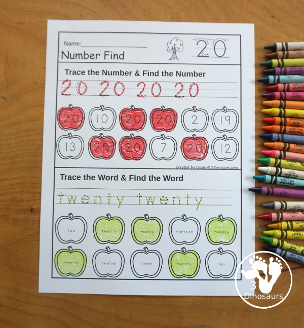 Apple Number Find for Numerical Numbers & Number Words Printable - a fun number find printable that has the number and number word on the same page in a number find worksheet. - 3Dinosaurs.com