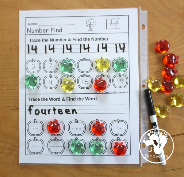 Apple Number Find for Numerical Numbers & Number Words Printable - a fun number find printable that has the number and number word on the same page in a number find worksheet. - 3Dinosaurs.com