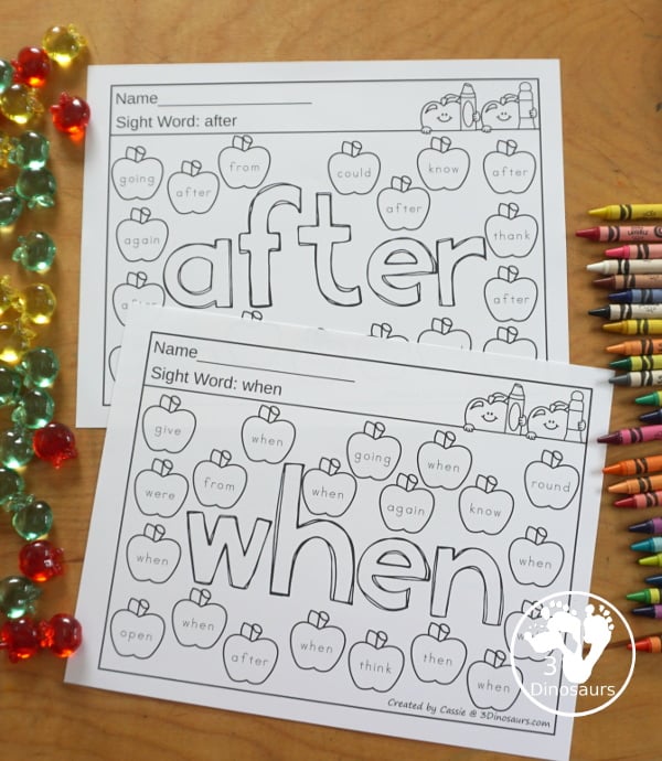 Apple Color the Sight Word & Find the Sight Word Printable - has all 220 Dolch sight words with coloring the word in the middle and finding the sight words on the apples around the word. 3Dinosaurs.com