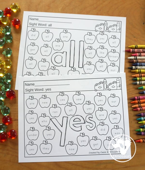 Apple Color the Sight Word & Find the Sight Word Printable - has all 220 Dolch sight words with coloring the word in the middle and finding the sight words on the apples around the word. 3Dinosaurs.com