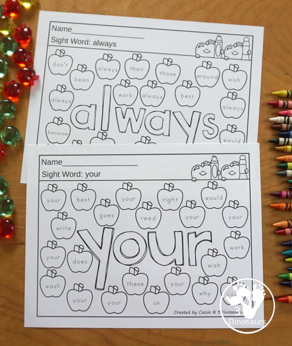 Apple Color the Sight Word & Find the Sight Word Printable - has all 220 Dolch sight words with coloring the word in the middle and finding the sight words on the apples around the word. 3Dinosaurs.com