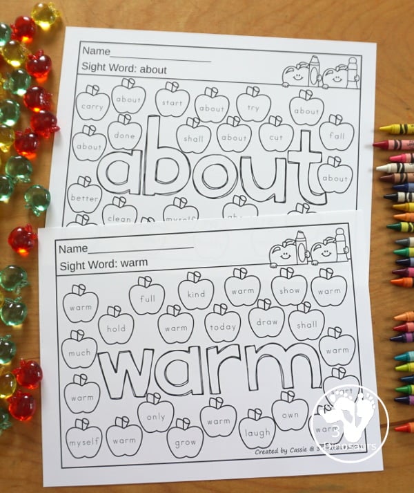 Apple Color the Sight Word & Find the Sight Word Printable - has all 220 Dolch sight words with coloring the word in the middle and finding the sight words on the apples around the word. 3Dinosaurs.com