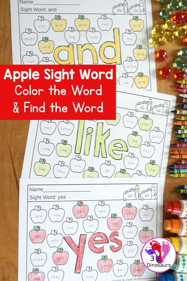 Apple Color the Sight Word & Find the Sight Word Printable - has all 220 Dolch sight words with coloring the word in the middle and finding the sight words on the apples around the word. 3Dinosaurs.com