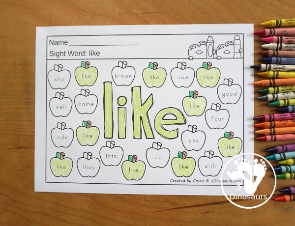 Apple Color the Sight Word & Find the Sight Word Printable - has all 220 Dolch sight words with coloring the word in the middle and finding the sight words on the apples around the word. 3Dinosaurs.com