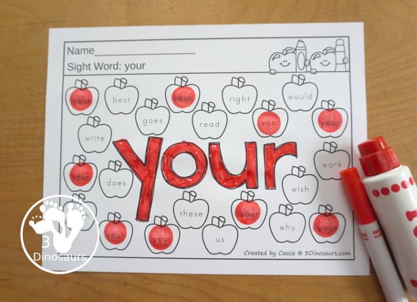 Apple Color the Sight Word & Find the Sight Word Printable - has all 220 Dolch sight words with coloring the word in the middle and finding the sight words on the apples around the word. 3Dinosaurs.com