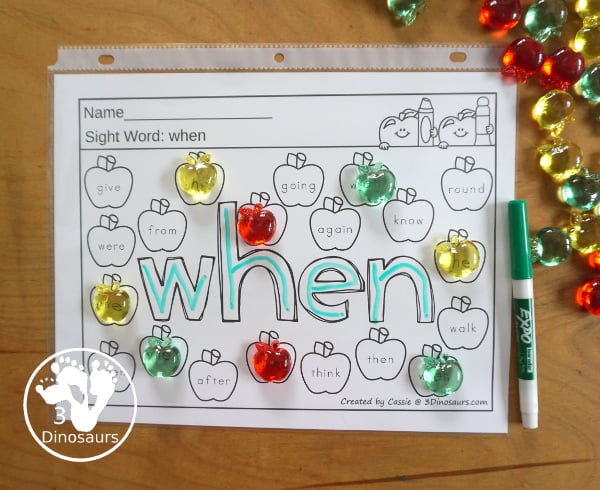 Apple Color the Sight Word & Find the Sight Word Printable - has all 220 Dolch sight words with coloring the word in the middle and finding the sight words on the apples around the word. 3Dinosaurs.com
